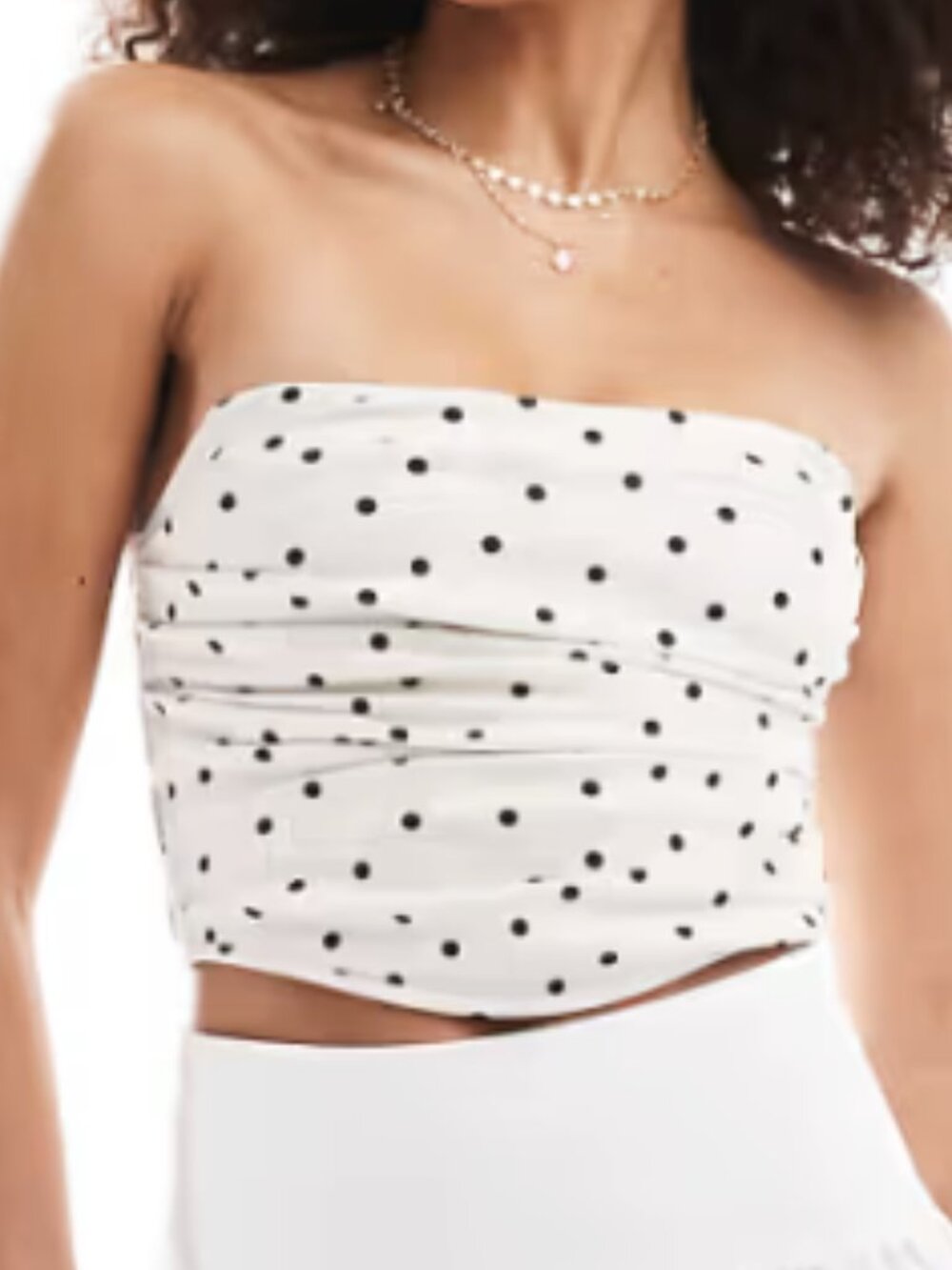 White Black Polka Dot Strapless Ruched Corset Style Top
